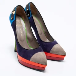Versace Multicolor Suede And Leather Pointed Toe Platform Pumps Size 36 For Women -Versace Official Website luxury women versace used shoes p661679 006
