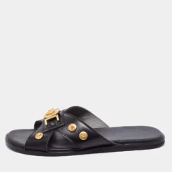 Versace Black Medusa Logo Embellished Leather Slide Sandals Size 40 For Women