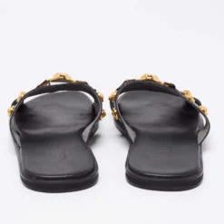 Versace Black Medusa Logo Embellished Leather Slide Sandals Size 40 For Women -Versace Official Website luxury women versace used shoes p663860 005