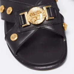 Versace Black Medusa Logo Embellished Leather Slide Sandals Size 40 For Women -Versace Official Website luxury women versace used shoes p663860 006