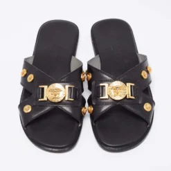 Versace Black Medusa Logo Embellished Leather Slide Sandals Size 40 For Women -Versace Official Website luxury women versace used shoes p663860 007