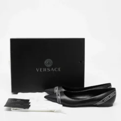 Versace Black Leather Logo Tape Detail Pointed Toe Ballet Flats Size 38.5 For Women -Versace Official Website luxury women versace used shoes p663898 001