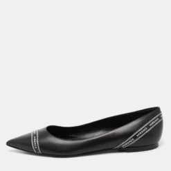 Versace Black Leather Logo Tape Detail Pointed Toe Ballet Flats Size 38.5 For Women