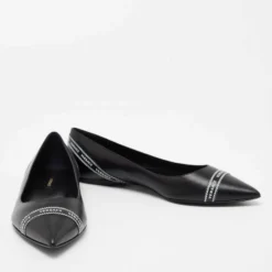 Versace Black Leather Logo Tape Detail Pointed Toe Ballet Flats Size 38.5 For Women -Versace Official Website luxury women versace used shoes p663898 004