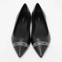 Versace Black Leather Logo Tape Detail Pointed Toe Ballet Flats Size 38.5 For Women -Versace Official Website luxury women versace used shoes p663898 005