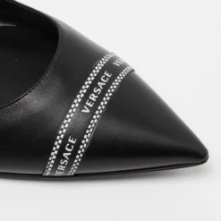 Versace Black Leather Logo Tape Detail Pointed Toe Ballet Flats Size 38.5 For Women -Versace Official Website luxury women versace used shoes p663898 008