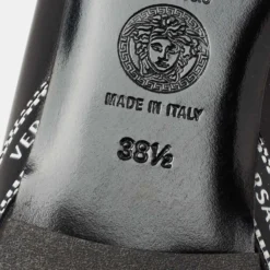 Versace Black Leather Logo Tape Detail Pointed Toe Ballet Flats Size 38.5 For Women -Versace Official Website luxury women versace used shoes p663898 009