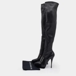 Versace Black Leather Platform Thigh High Boots Size 41 For Women -Versace Official Website luxury women versace used shoes p672423 1657620172 001