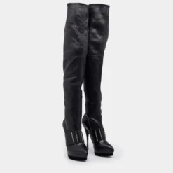 Versace Black Leather Platform Thigh High Boots Size 41 For Women -Versace Official Website luxury women versace used shoes p672423 1657620182 004