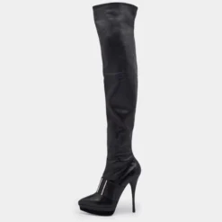 Versace Black Leather Platform Thigh High Boots Size 41 For Women