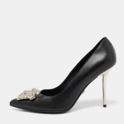 Versace Black Leather Palazzo Pointed Toe Pumps Size 38 For Women
