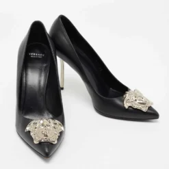 Versace Black Leather Palazzo Pointed Toe Pumps Size 38 For Women -Versace Official Website luxury women versace used shoes p673290 004