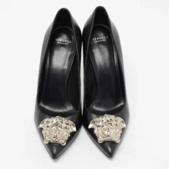 Versace Black Leather Palazzo Pointed Toe Pumps Size 38 For Women -Versace Official Website luxury women versace used shoes p673290 005