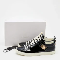 Versace Black Patent Leather Medusa Head Embellished Low Top Sneakers Size 38 For Women -Versace Official Website luxury women versace used shoes p674813 001