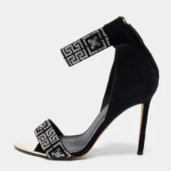 Versace Black Suede Crystal Embellished Ankle Cuff Sandals Size 39 For Women