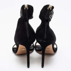 Versace Black Suede Crystal Embellished Ankle Cuff Sandals Size 39 For Women -Versace Official Website luxury women versace used shoes p675470 004