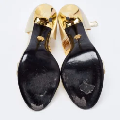 Versace Metallic Gold Leather Medusa Chain Ankle Strap Sandals Size 40 For Women -Versace Official Website luxury women versace used shoes p677827 002