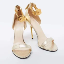 Versace Metallic Gold Leather Medusa Chain Ankle Strap Sandals Size 40 For Women -Versace Official Website luxury women versace used shoes p677827 005