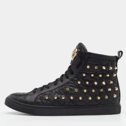 Versace Black Quilted Leather Medusa Studded High Top Sneakers Size 37.5 For Women