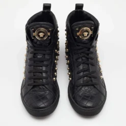 Versace Black Quilted Leather Medusa Studded High Top Sneakers Size 37.5 For Women -Versace Official Website luxury women versace used shoes p679101 004