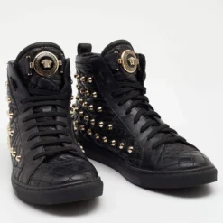 Versace Black Quilted Leather Medusa Studded High Top Sneakers Size 37.5 For Women -Versace Official Website luxury women versace used shoes p679101 005