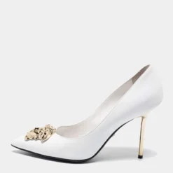 Versace White Leather Medusa Pointed Toe Pumps Size 39.5 For Women