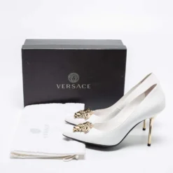 Versace White Leather Medusa Pointed Toe Pumps Size 39.5 For Women -Versace Official Website luxury women versace used shoes p680181 005