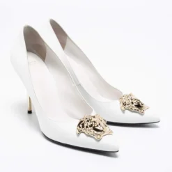 Versace White Leather Medusa Pointed Toe Pumps Size 39.5 For Women -Versace Official Website luxury women versace used shoes p680181 006