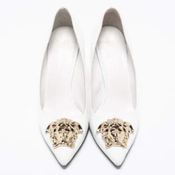 Versace White Leather Medusa Pointed Toe Pumps Size 39.5 For Women -Versace Official Website luxury women versace used shoes p680181 008