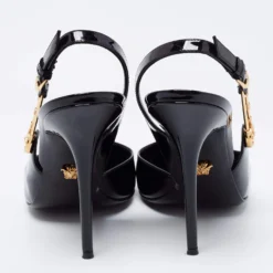 Versace Black Patent Leather Safety-Pin Ankle Strap Pumps Size 40 For Women -Versace Official Website luxury women versace used shoes p681356 004