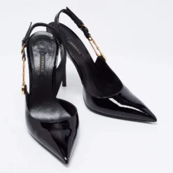 Versace Black Patent Leather Safety-Pin Ankle Strap Pumps Size 40 For Women -Versace Official Website luxury women versace used shoes p681356 006