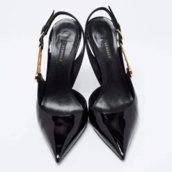 Versace Black Patent Leather Safety-Pin Ankle Strap Pumps Size 40 For Women -Versace Official Website luxury women versace used shoes p681356 007