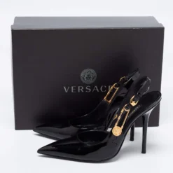 Versace Black Patent Leather Safety-Pin Ankle Strap Pumps Size 40 For Women -Versace Official Website luxury women versace used shoes p681356 009