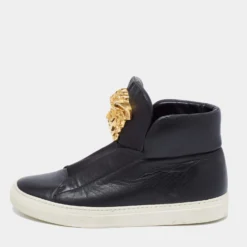 Versace Black Leather Medusa Palazzo Slip On High Top Sneakers Size 40 For Women