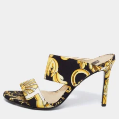 Versace Black Baroque Print Canvas Tribute Sandals Size 38 For Women