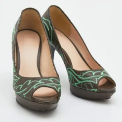 Versace Olive Brown Embroidered Leather Peep Toe Platform Pumps Size 36 For Women -Versace Official Website luxury women versace used shoes p690540 005
