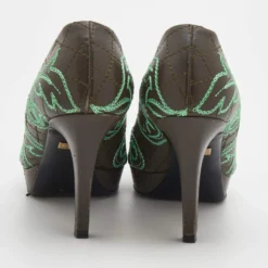 Versace Olive Brown Embroidered Leather Peep Toe Platform Pumps Size 36 For Women -Versace Official Website luxury women versace used shoes p690540 007