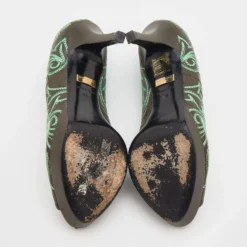 Versace Olive Brown Embroidered Leather Peep Toe Platform Pumps Size 36 For Women -Versace Official Website luxury women versace used shoes p690540 008