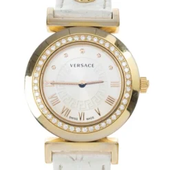Versace White Gold-Plated Steel Leather Vanity Womens Wristwatch 34MM For Women
