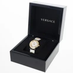 Versace White Gold-Plated Steel Leather Vanity Womens Wristwatch 34MM For Women -Versace Official Website luxury women versace used watches p18339 005