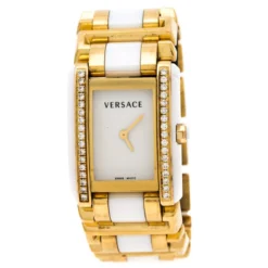 Versace White Ceramic Gold Stainless Steel Diamonds Era 70Q Women's Wristwatch 24 Mm For Women