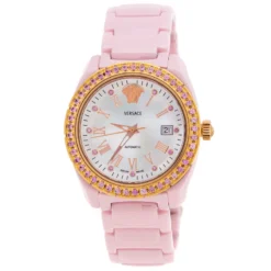 Versace Mother Of Pearl Pink Ceramic Pink Sapphire Rose Gold Plated Stainless Steel DV One A360022 Women's Wristwatch 40 Mm For Women