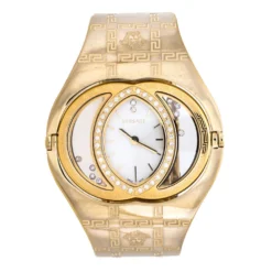 Versace White Opaline Yellow Gold Plated Stainless Steel Diamonds Eclissi 83Q Women's Wristwatch 39 Mm For Women