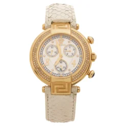 Versace White Mother Of Pearl Gold Plated Steel Diamond Python Leather Reve 68C Women's Wristwatch 40 Mm For Women