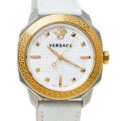 Versace White Two-Tone Stainless Steel Leather Dylos VQD020015 Women's Wristwatch 35 Mm For Women -Versace Official Website luxury women versace used watches p380311 005