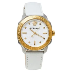 Versace White Two-Tone Stainless Steel Leather Dylos VQD020015 Women's Wristwatch 35 Mm For Women