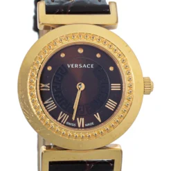Versace Brown Gold Plated Stainless Steel & Leather Vanity P5Q Women's Wristwatch 35 Mm For Women -Versace Official Website luxury women versace used watches p387030 001