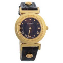 Versace Brown Gold Plated Stainless Steel & Leather Vanity P5Q Women's Wristwatch 35 Mm For Women