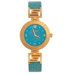 Versace Blue Gold Plated Stainless Steel Leather V-Signature VLA Women's Wristwatch 35 Mm For Women