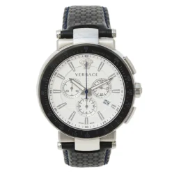 Versace White Stainless Steel Leather Mystique VFG01 0013 Men's Wristwatch 46 Mm For Men